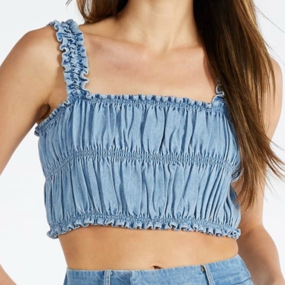 JustFab Smocked Denim Crop Tank